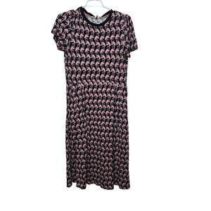 Boden 10P Flamingo Print Black Pink Short Sleeve Midi Dress